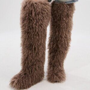 AKIRA AZALEA WANG TEMPLETON TAUPE FAUX POODLE FUR OVER THE KNEE BOOT Size 1010